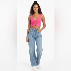 New Zara Pink Front Ruched Ribbed Top Size Small